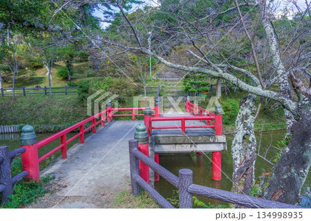 日本庭園で見た鮮やかな赤い橋の情景 日本庭園で見た鮮やかな赤い橋の情景 134998935