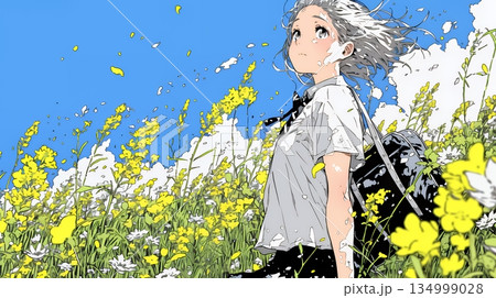 春風の中、菜の花畑にいる制服姿の女子高生