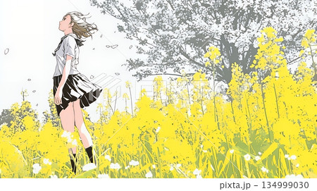 春風の中、菜の花畑にいる制服姿の女子高生