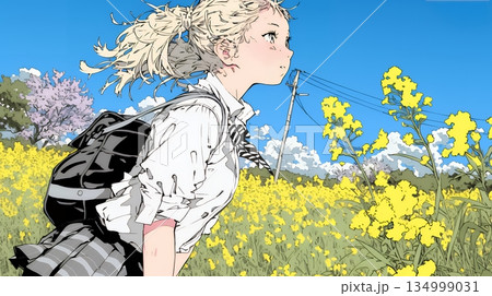 春風の中、菜の花畑にいる制服姿の女子高生