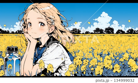 春風の中、菜の花畑にいる制服姿の女子高生