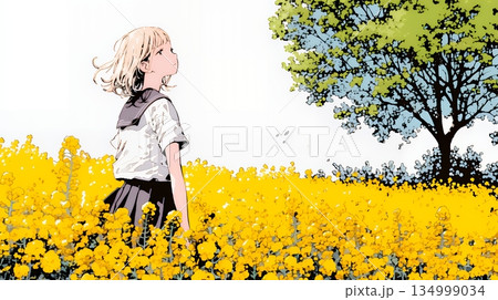 春風の中、菜の花畑にいる制服姿の女子高生