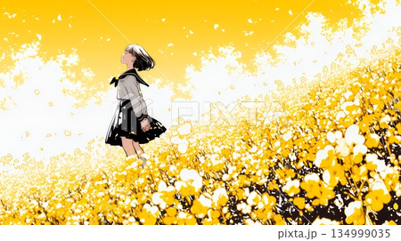 春風の中、菜の花畑にいる制服姿の女子高生