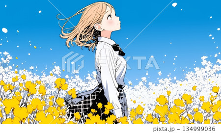 春風の中、菜の花畑にいる制服姿の女子高生