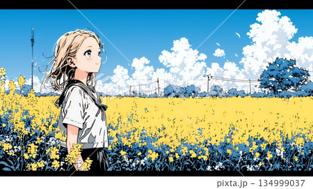 春風の中、菜の花畑にいる制服姿の女子高生