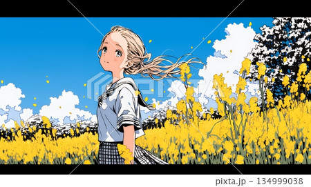 春風の中、菜の花畑にいる制服姿の女子高生