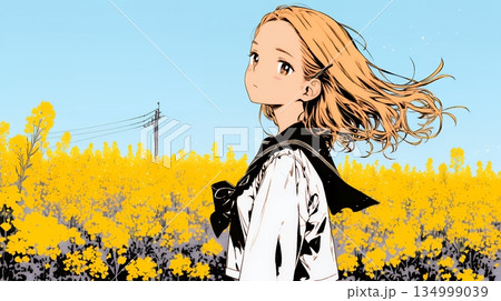 春風の中、菜の花畑にいる制服姿の女子高生