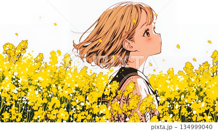 春風の中、菜の花畑にいる制服姿の女子高生