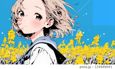 春風の中、菜の花畑にいる制服姿の女子高生