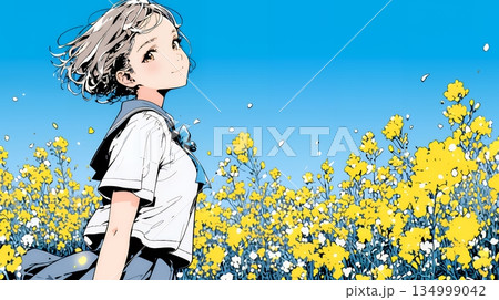 春風の中、菜の花畑にいる制服姿の女子高生