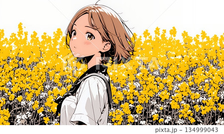 春風の中、菜の花畑にいる制服姿の女子高生