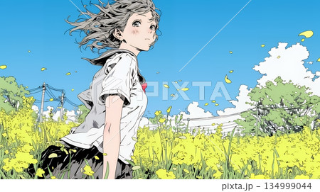 春風の中、菜の花畑にいる制服姿の女子高生