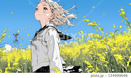 春風の中、菜の花畑にいる制服姿の女子高生