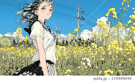 春風の中、菜の花畑にいる制服姿の女子高生