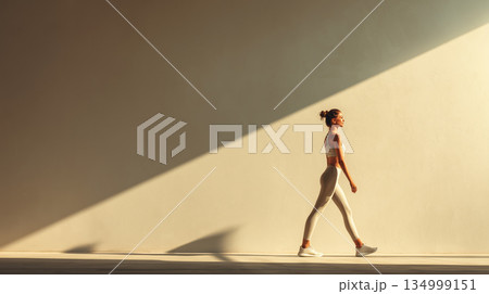 Person walking in bright natural light, minimal style 134999151