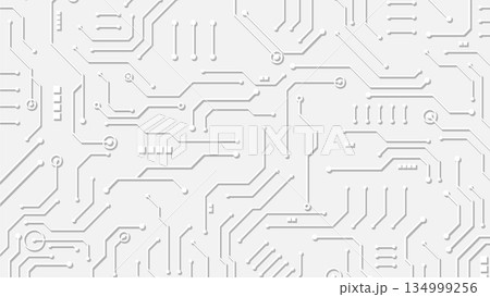 Abstract white technology background with embossed circuit board lines and geometric microchips 134999256