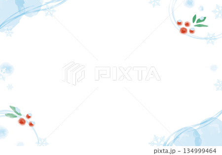 南天と雪の水彩フレーム（冬／テンプレート）_横 134999464