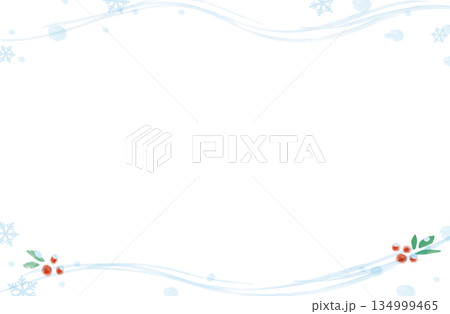 冬の水彩フレーム（流れる雪と南天）_横 134999465