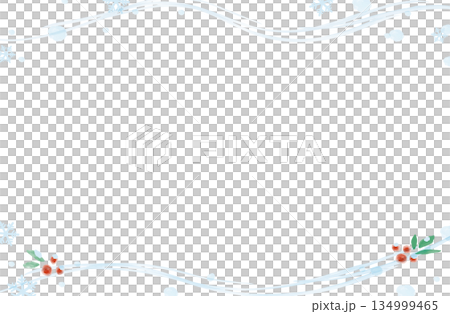 冬の水彩フレーム（流れる雪と南天）_横 134999465