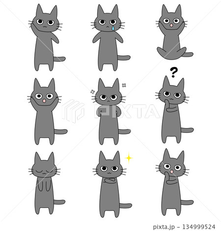 表情豊かな黒猫のキャラクターセット 様々なポーズ 喜怒哀楽 全身 猫のイラスト 134999524