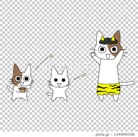 節分插畫，描繪了一隻憤怒的貓扮演著扔豆子的惡魔，以及一隻快樂的小貓。 134999598
