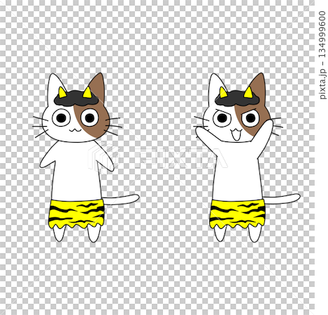 一幅可愛的插畫，一隻棕白相間的貓咪裝扮成節分節的惡魔，表情各異。 134999600
