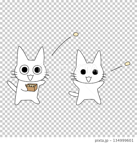 一幅可愛的插圖，描繪了白貓們在節分日快樂地撒豆子。 134999601