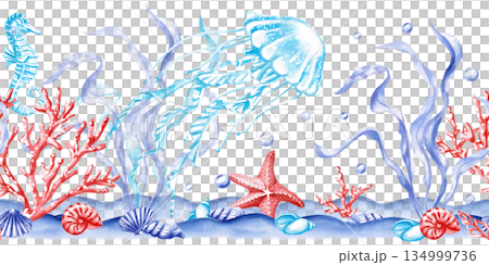 A seamless border with jellyfish, seaweed, coral, and a seahorse. Isolated watercolor illustration of sea creatures for interior design, children's parties, and poster printing. A seamless border with jellyfish, seaweed, coral, and a seahorse. Isolated watercolor illustration of sea creatures for interior design, children's parties, and poster printing. 134999736