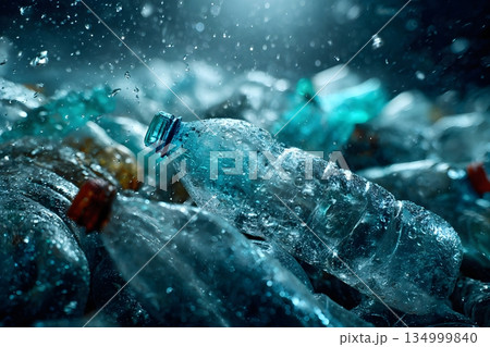 潰れた空のプラスチックボトルの山 潰れた空のプラスチックボトルの山 134999840