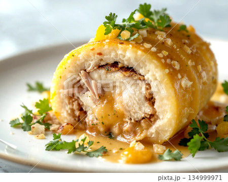 Exquisite close-up of a stuffed meat roulade with creamy filling and golden glaze, garnished with cilantro and nuts, delicious gourmet food presentation on elegant white dinnerware. 134999971