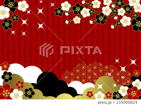 和風背景イラスト、かわいい、シンプル、梅、竹、赤、キラキラ、横 135000624