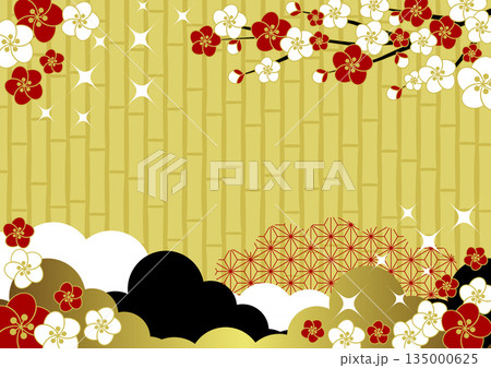 和風背景イラスト、かわいい、シンプル、梅、竹、金、キラキラ、横 和風背景イラスト、かわいい、シンプル、梅、竹、金、キラキラ、横 135000625