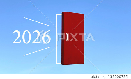 空に開きかけの赤いドアと2026の文字 135000725