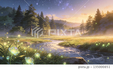 星空と夕焼けの空の下で川辺に咲く光る花を描いたアニメ風ファンタジー風景イラスト 135000851