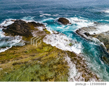 伊豆下田の竜宮島と白嶋神社の赤い鳥居。尾ヶ崎ウイングからドローン撮影。青い海と白い波濤、緑の林。 135000869