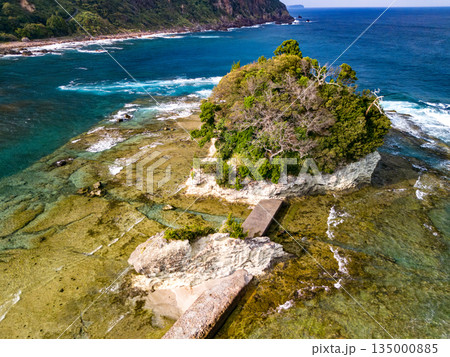 伊豆下田の竜宮島と白嶋神社の赤い鳥居。尾ヶ崎ウイングからドローン撮影。青い海と白い波濤、緑の林。 135000885