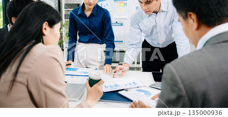 Asian business team brainstorming and discussing reports in bright modern office, showing teamwork, leadership, and creative collaboration Asian business team brainstorming and discussing reports in bright modern office, showing teamwork, leadership, and creative collaboration 135000936