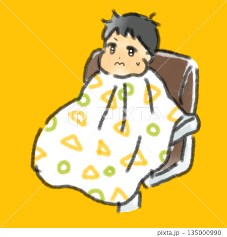 初めての散髪でカットケープを巻かれて緊張した表情の赤ちゃんの水彩風手描きイラスト 135000990