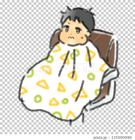 一幅水彩風格的手繪插圖，描繪了一個表情緊張的嬰兒，他裹著理髮披肩，準備進行他的第一次理髮。 135000990