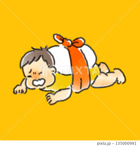 一歳の誕生日に一升餅を背負って一生懸命ハイハイする赤ちゃんの水彩風手描きイラスト 135000991