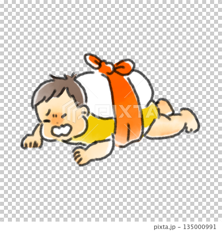 一歳の誕生日に一升餅を背負って一生懸命ハイハイする赤ちゃんの水彩風手描きイラスト 135000991