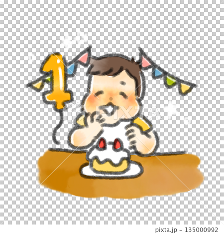 一幅水彩手繪插畫,描繪了一個嬰兒用手抓著蛋糕慶祝一歲生日的場景。 一幅水彩手繪插畫,描繪了一個嬰兒用手抓著蛋糕慶祝一歲生日的場景。 135000992
