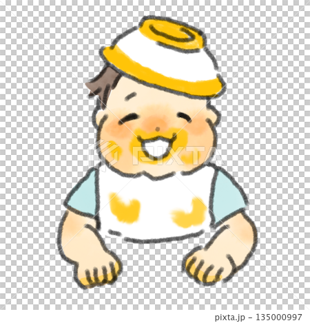 一幅水彩風格的手繪插畫,描繪了一個頑皮的寶寶飯後戴著餐盤當帽子,臉上帶著燦爛的笑容。 一幅水彩風格的手繪插畫,描繪了一個頑皮的寶寶飯後戴著餐盤當帽子,臉上帶著燦爛的笑容。 135000997