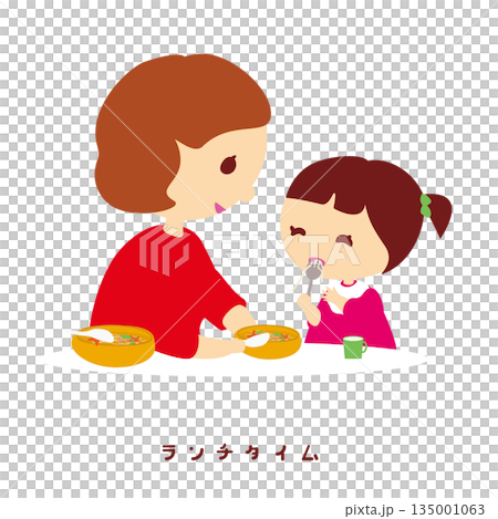 The mother is standing next to her, helping her child eat. 135001063