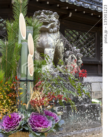 神社に飾られた門松と狛犬 神社に飾られた門松と狛犬 135001223