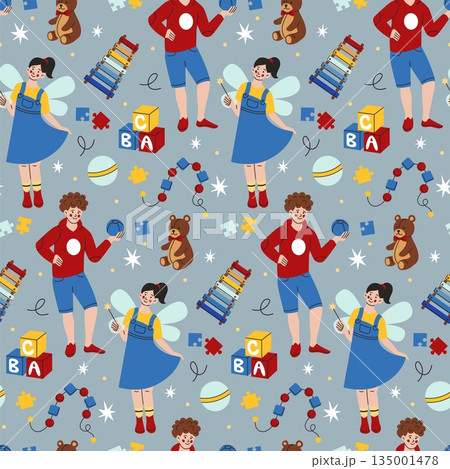 Kids toy seamless pattern. Happy children, fairy wings, teddy bears. Adorable boy and girl. Decor textile, wrapping paper, wallpaper. Print for fabric. Vector cartoon flat style isolated illustration Kids toy seamless pattern. Happy children, fairy wings, teddy bears. Adorable boy and girl. Decor textile, wrapping paper, wallpaper. Print for fabric. Vector cartoon flat style isolated illustration 135001478