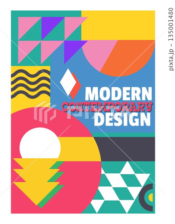 Contemporary modern design. Abstract architecture poster. Geometric shapes bold collage. Color triangles and circles. Flat minimal squares. Graphic basic figures composition. Vector brutalist banner 135001480