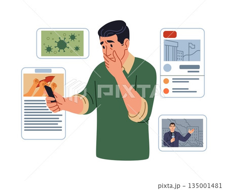 Man reading news. Smartphone screen. Guy holding mobile phone. Online newspaper content. Disaster and catastrophe newsletter articles. Media journal. Web publication. Press reportage. Vector concept 135001481