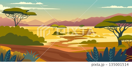 Zoo park. African safari. Wild nature landscape. Mountains at horizon. Dry river summer scenery. Trees and bushes. Scenic wilderness panorama. Savanna environment in Africa. Vector savannah background Zoo park. African safari. Wild nature landscape. Mountains at horizon. Dry river summer scenery. Trees and bushes. Scenic wilderness panorama. Savanna environment in Africa. Vector savannah background 135001514