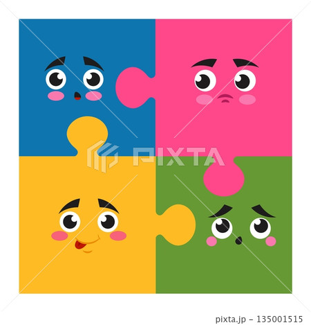 Abstract puzzles. Emotion expression. Happy or angry faces. Surprised emoticon. Jigsaw connection. Cartoon emoji. Joy and happiness. Comic smiles. Parts join. Emotional feelings. Vector color banner Abstract puzzles. Emotion expression. Happy or angry faces. Surprised emoticon. Jigsaw connection. Cartoon emoji. Joy and happiness. Comic smiles. Parts join. Emotional feelings. Vector color banner 135001515